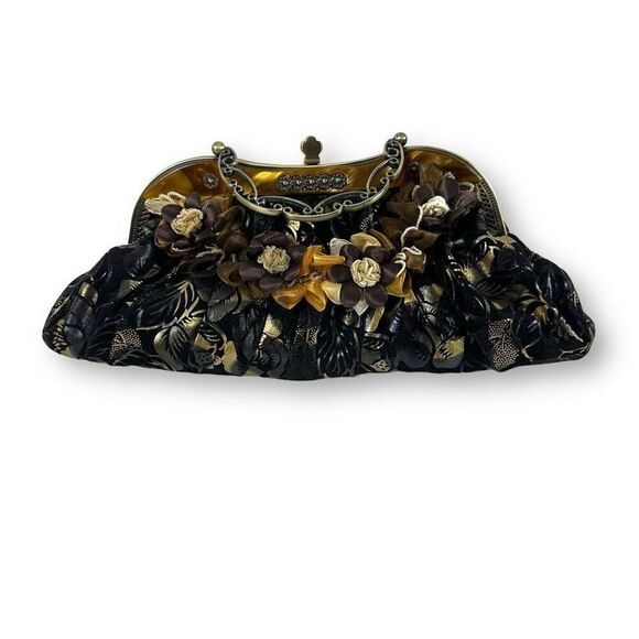 Vintage Velvet Fabric Dark Floral Evening Handbag Corsage Applique Chain Strap - Picture 2 of 9